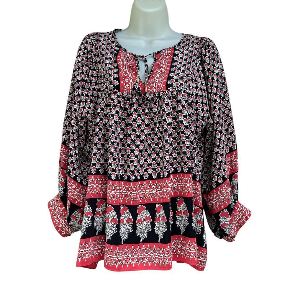 Ulla Johnson Bea Silk Blouse Size 8 Indian Floral Print Tasseled Neck Ties